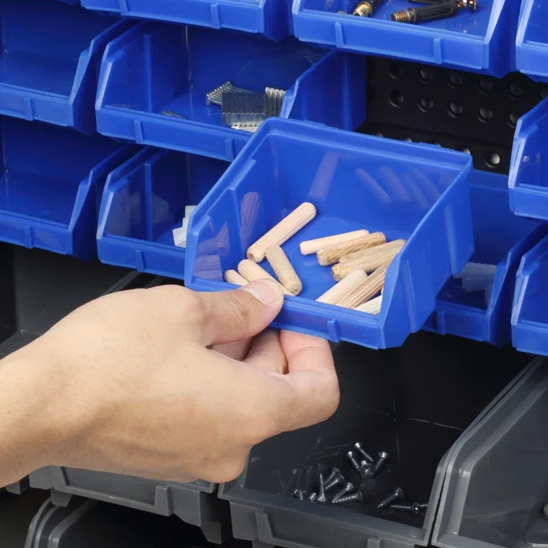 Wall Mounted Storage Bin Rack Tool Organizer with 30 Bins, Pegboard for Garage Workshops Blue