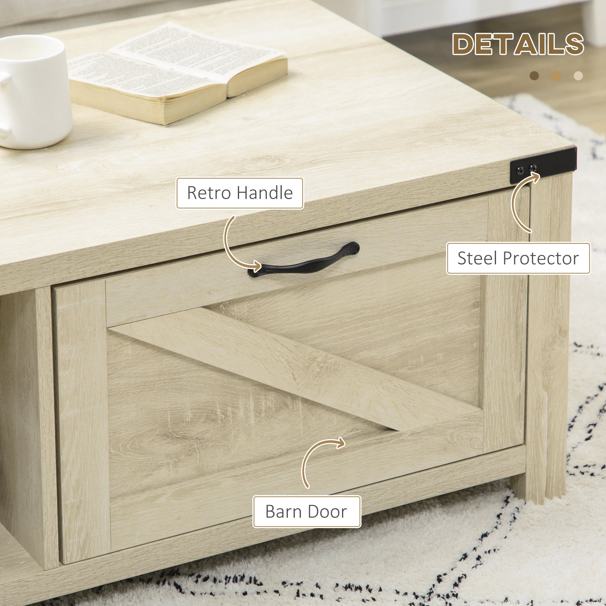 Lowen Farmhouse Coffee Table with Drawer and Open Storage Shelf-White Oak