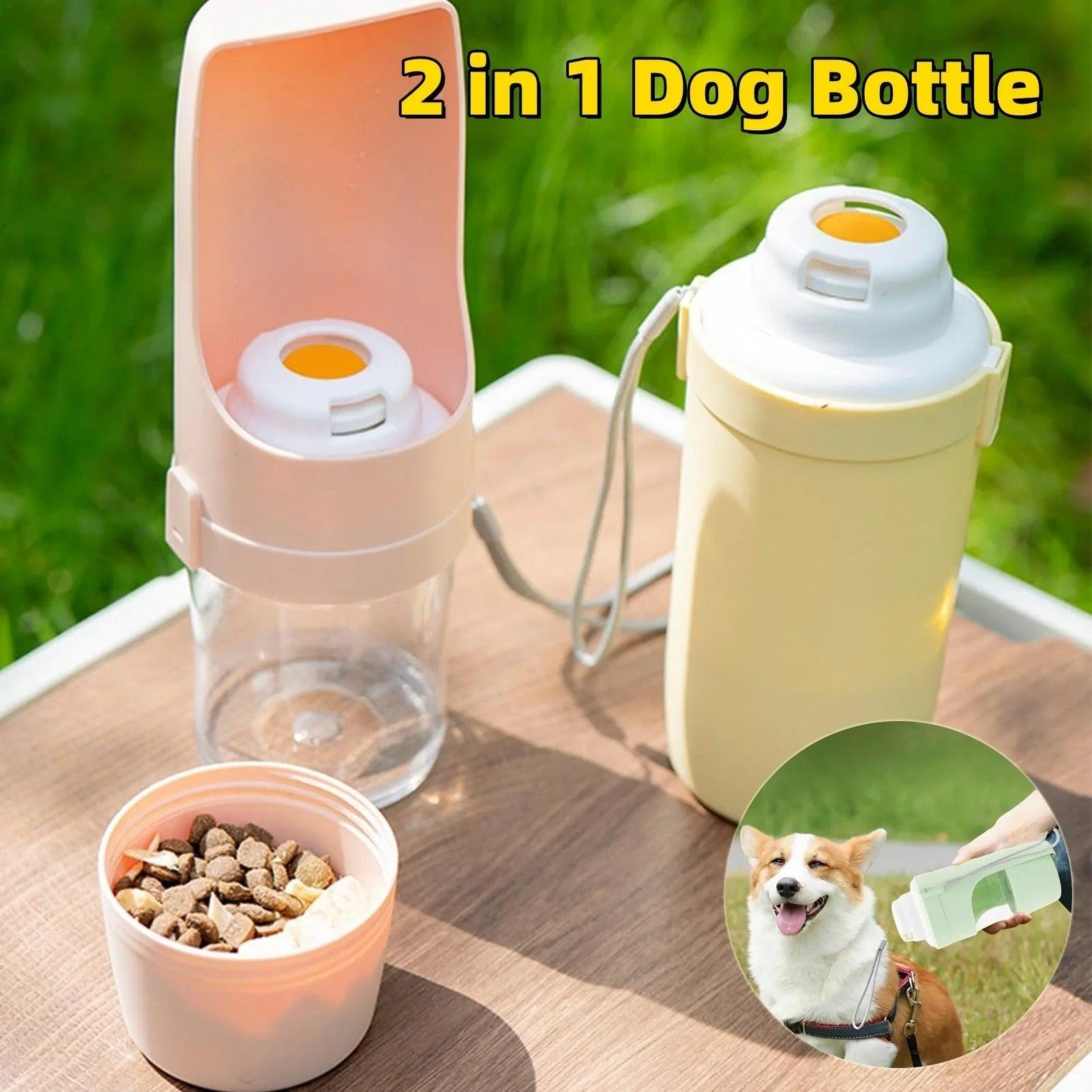 2-in-1 Travel Dog Water Bottle & Food Dispenser – Portable Leak-Proof Pet Feeder Cup with Lanyard (Green, Pink, Gray, Yellow)