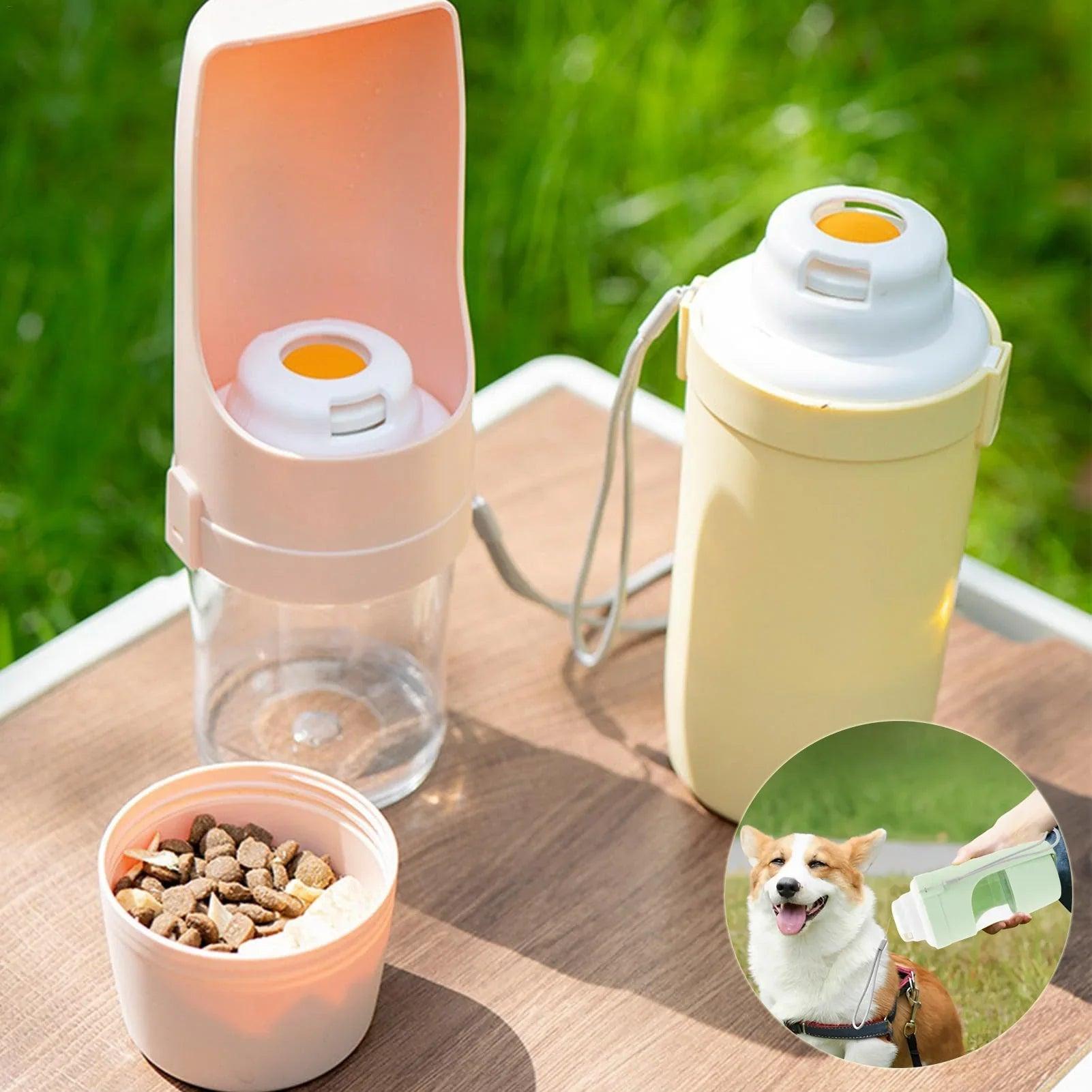 2-in-1 Travel Dog Water Bottle & Food Dispenser – Portable Leak-Proof Pet Feeder Cup with Lanyard (Green, Pink, Gray, Yellow)