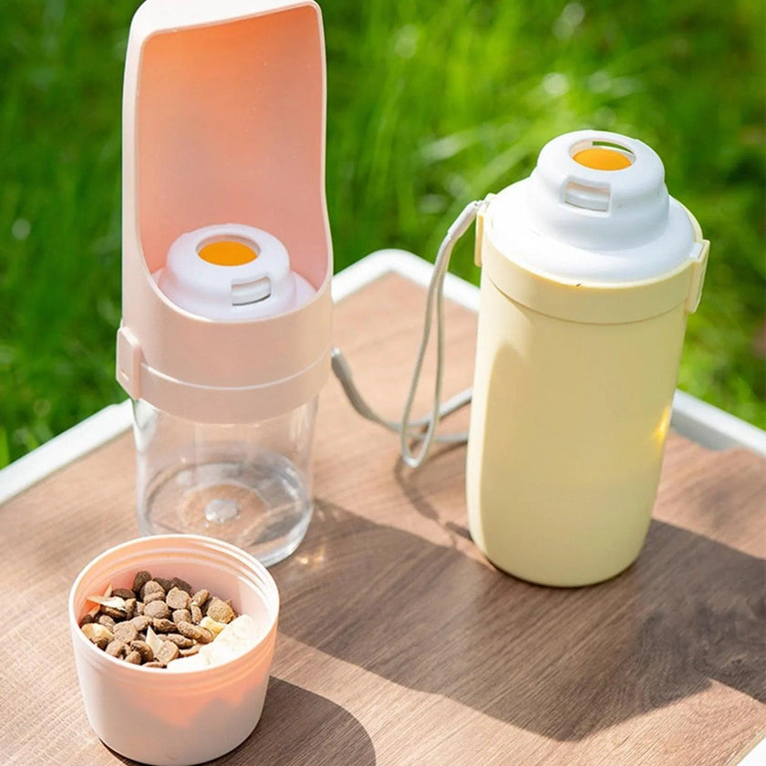 2-in-1 Travel Dog Water Bottle & Food Dispenser – Portable Leak-Proof Pet Feeder Cup with Lanyard (Green, Pink, Gray, Yellow)