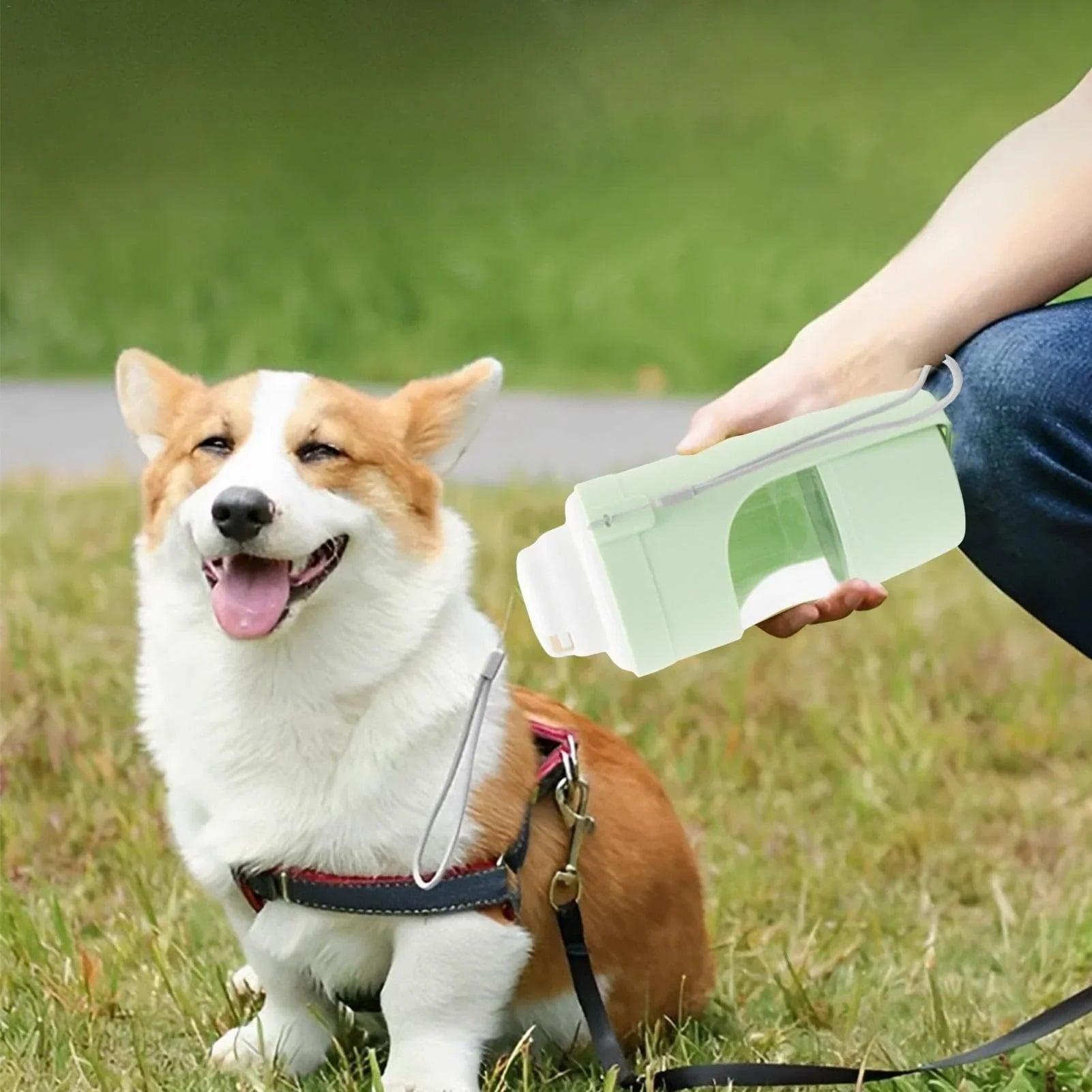 2-in-1 Travel Dog Water Bottle & Food Dispenser – Portable Leak-Proof Pet Feeder Cup with Lanyard (Green, Pink, Gray, Yellow)