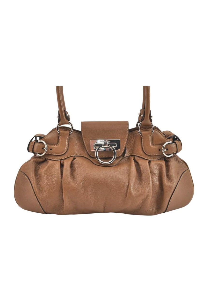 Salvatore Ferragamo Gancini Leather Shoulder Hand Bag Brown 7570K
