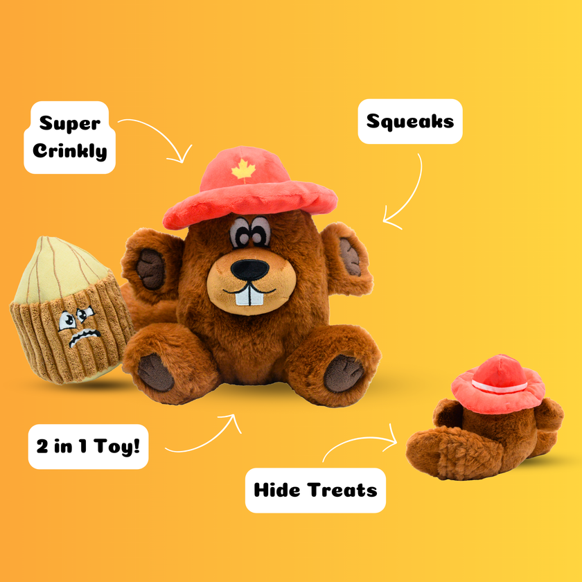2-in-1 Rip & Reveal Beaver Dog Toy – Plush, Squeaky & Treat-Hiding Fun