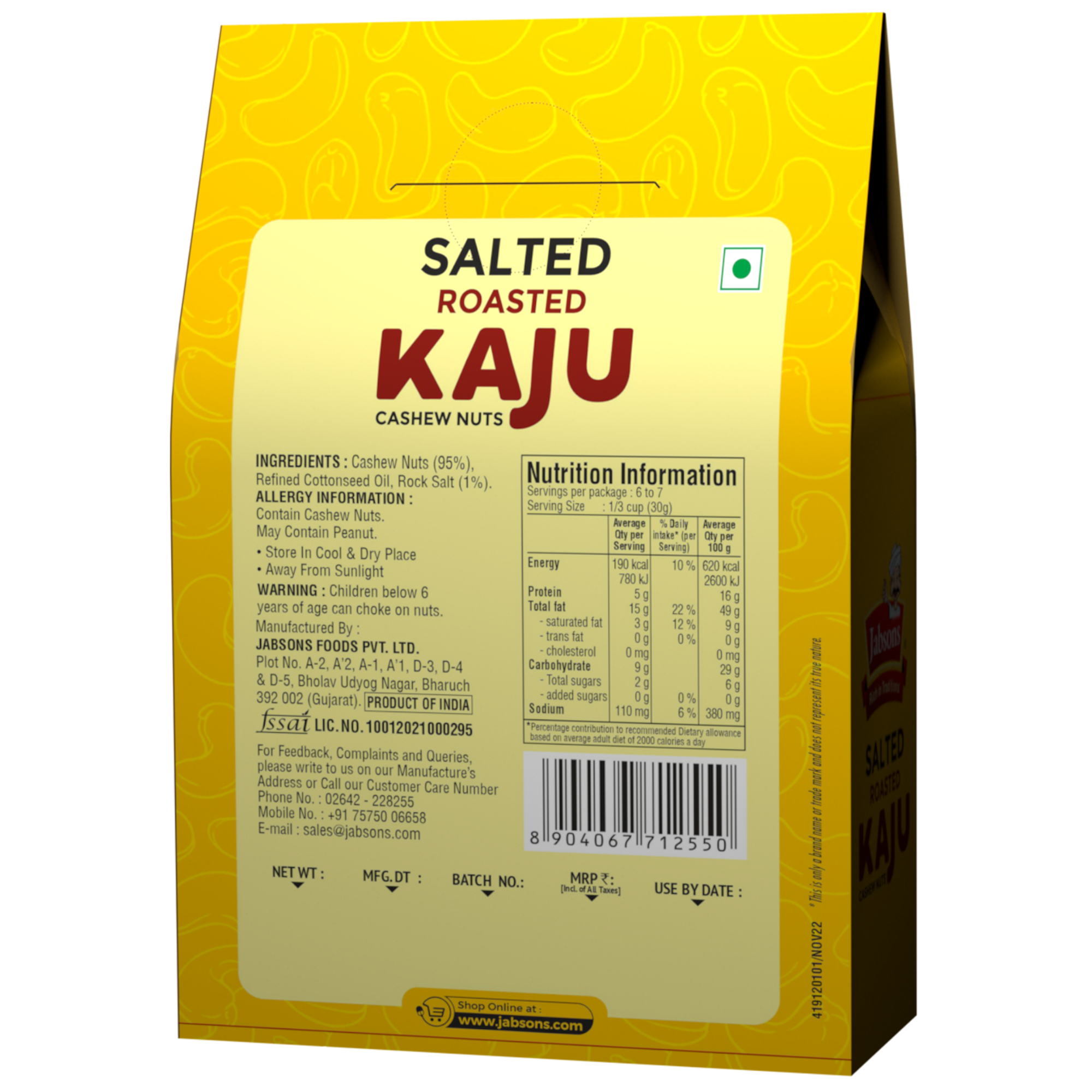 Jabsons Salted Roasted Kaju (Cashew) Nuts 200g