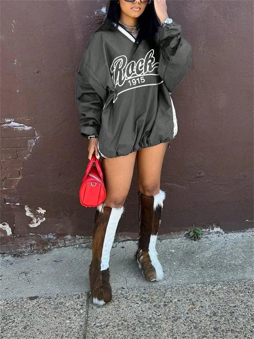 Women's Letter Print Color Block Loose Sweatshirt