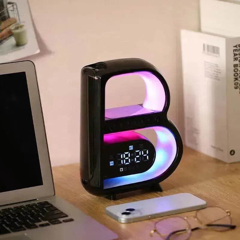 2025 New B-Shaped Portable Bluetooth Speaker Multifunctional Smart Music Rhythm LED Lighting Phone Wireless Charger TF Card AUX Input Standard Mode