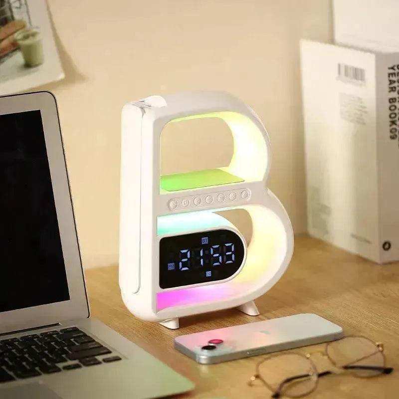 2025 New B-Shaped Portable Bluetooth Speaker Multifunctional Smart Music Rhythm LED Lighting Phone Wireless Charger TF Card AUX Input Standard Mode