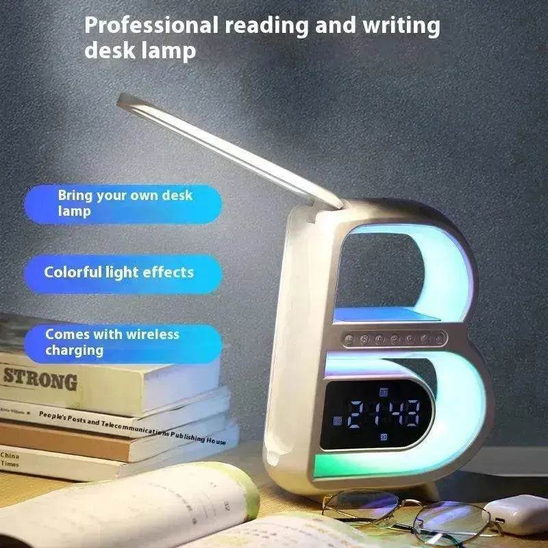 2025 New B-Shaped Portable Bluetooth Speaker Multifunctional Smart Music Rhythm LED Lighting Phone Wireless Charger TF Card AUX Input Standard Mode