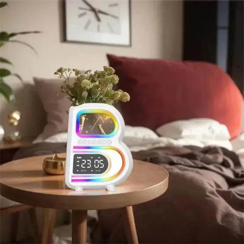 2025 New B-Shaped Portable Bluetooth Speaker Multifunctional Smart Music Rhythm LED Lighting Phone Wireless Charger TF Card AUX Input Standard Mode