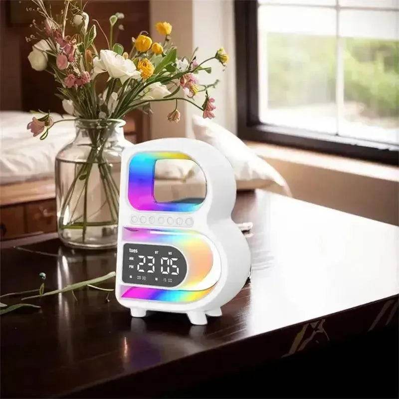2025 New B-Shaped Portable Bluetooth Speaker Multifunctional Smart Music Rhythm LED Lighting Phone Wireless Charger TF Card AUX Input Standard Mode