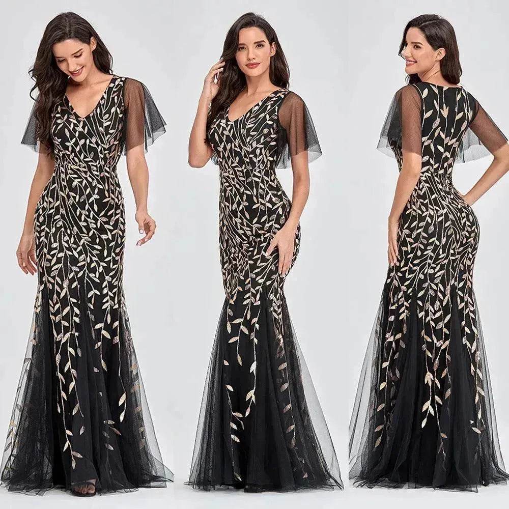 Women's Elegant Black Embroidered Evening Dress – Formal Party Gown for Weddings & Special Occasions