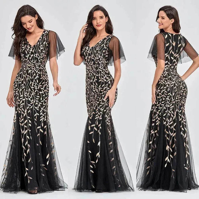 Women's Elegant Black Embroidered Evening Dress – Formal Party Gown for Weddings & Special Occasions