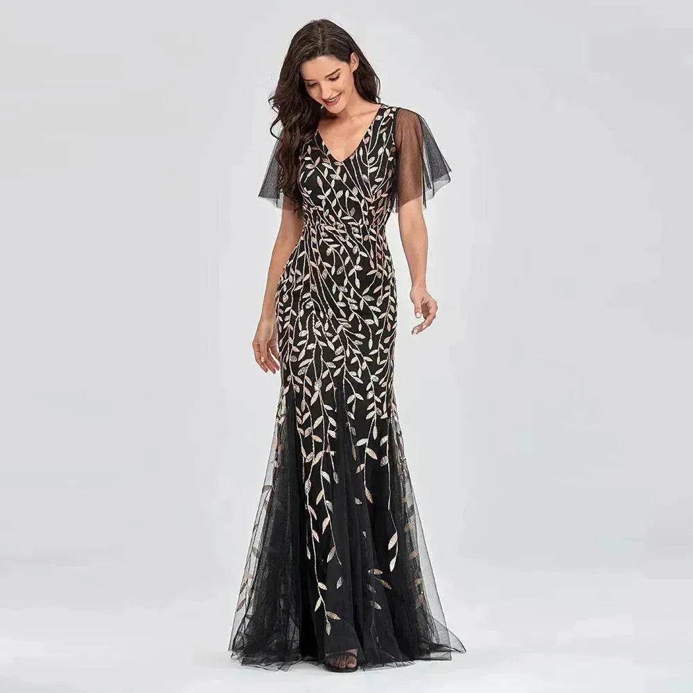 Women's Elegant Black Embroidered Evening Dress – Formal Party Gown for Weddings & Special Occasions