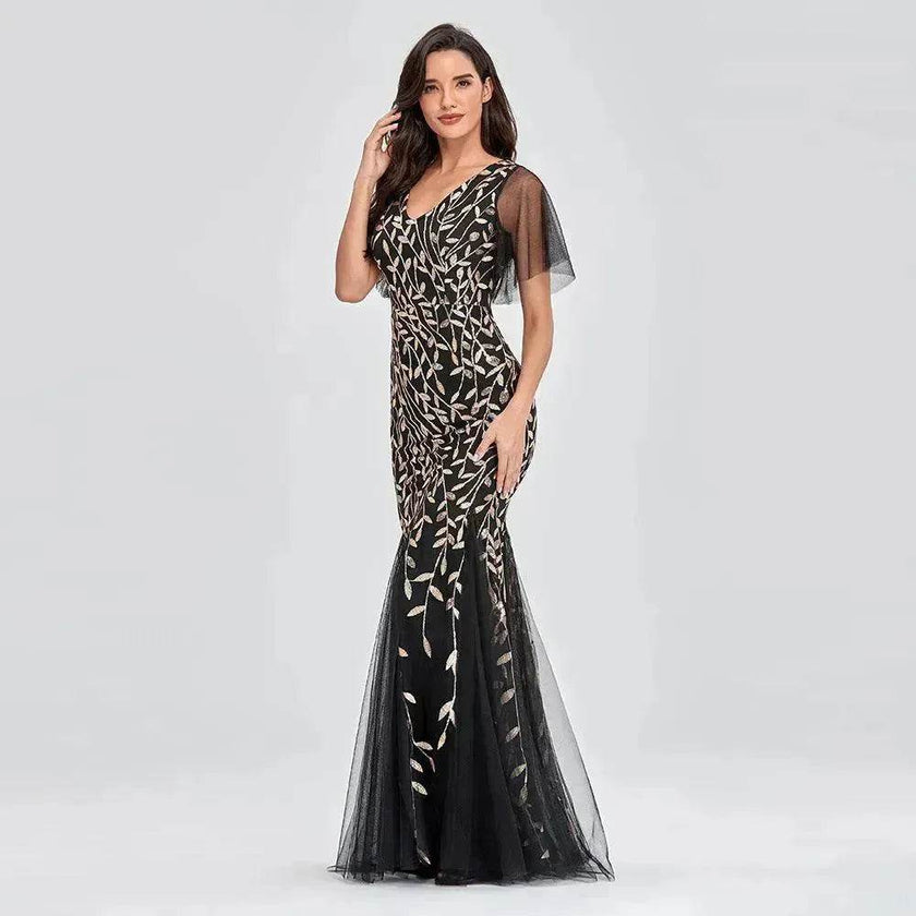 Women's Elegant Black Embroidered Evening Dress – Formal Party Gown for Weddings & Special Occasions