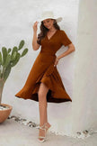 2025 Summer Solid Color Long Short Sleeve V-neck High Waist Tied Midi  Dress