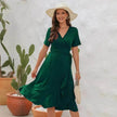 2025 Summer Solid Color Long Short Sleeve V-neck High Waist Tied Midi  Dress
