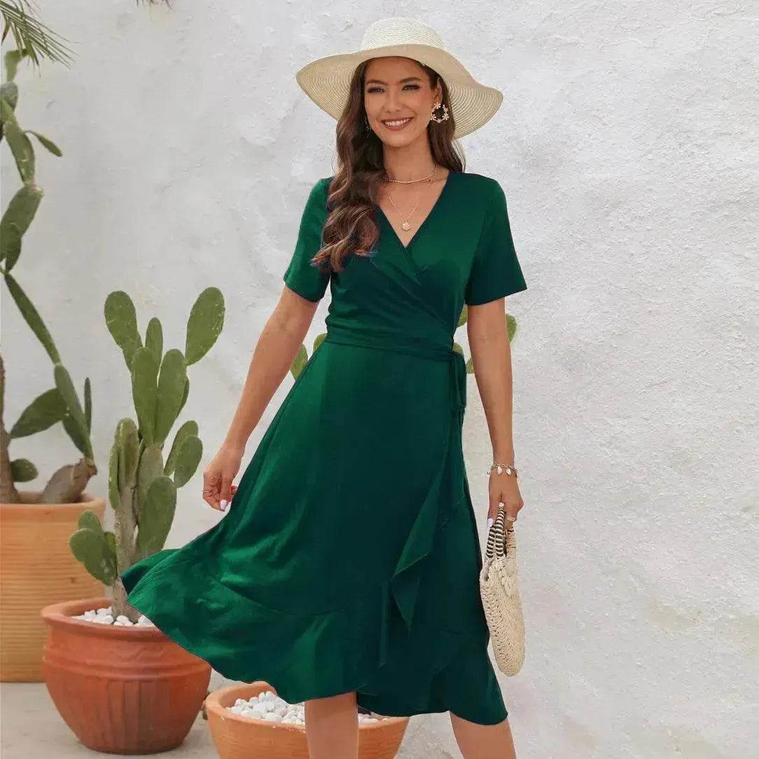 2025 Summer Solid Color Long Short Sleeve V-neck High Waist Tied Midi  Dress