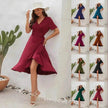 2025 Summer Solid Color Long Short Sleeve V-neck High Waist Tied Midi  Dress