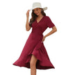 2025 Summer Solid Color Long Short Sleeve V-neck High Waist Tied Midi  Dress