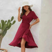 2025 Summer Solid Color Long Short Sleeve V-neck High Waist Tied Midi  Dress