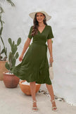 2025 Summer Solid Color Long Short Sleeve V-neck High Waist Tied Midi  Dress