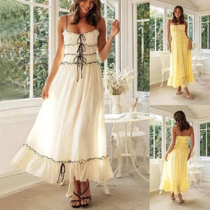 2025 Summer Suspender Spaghetti Strap Long Dresses With Bow Pleat Design Fashion Sweet Bow Beach Dress For Womens Clothing
