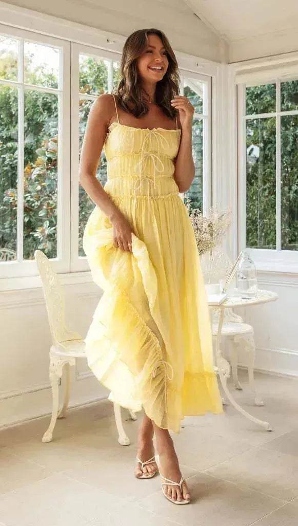 2025 Summer Suspender Spaghetti Strap Long Dresses With Bow Pleat Design Fashion Sweet Bow Beach Dress For Womens Clothing