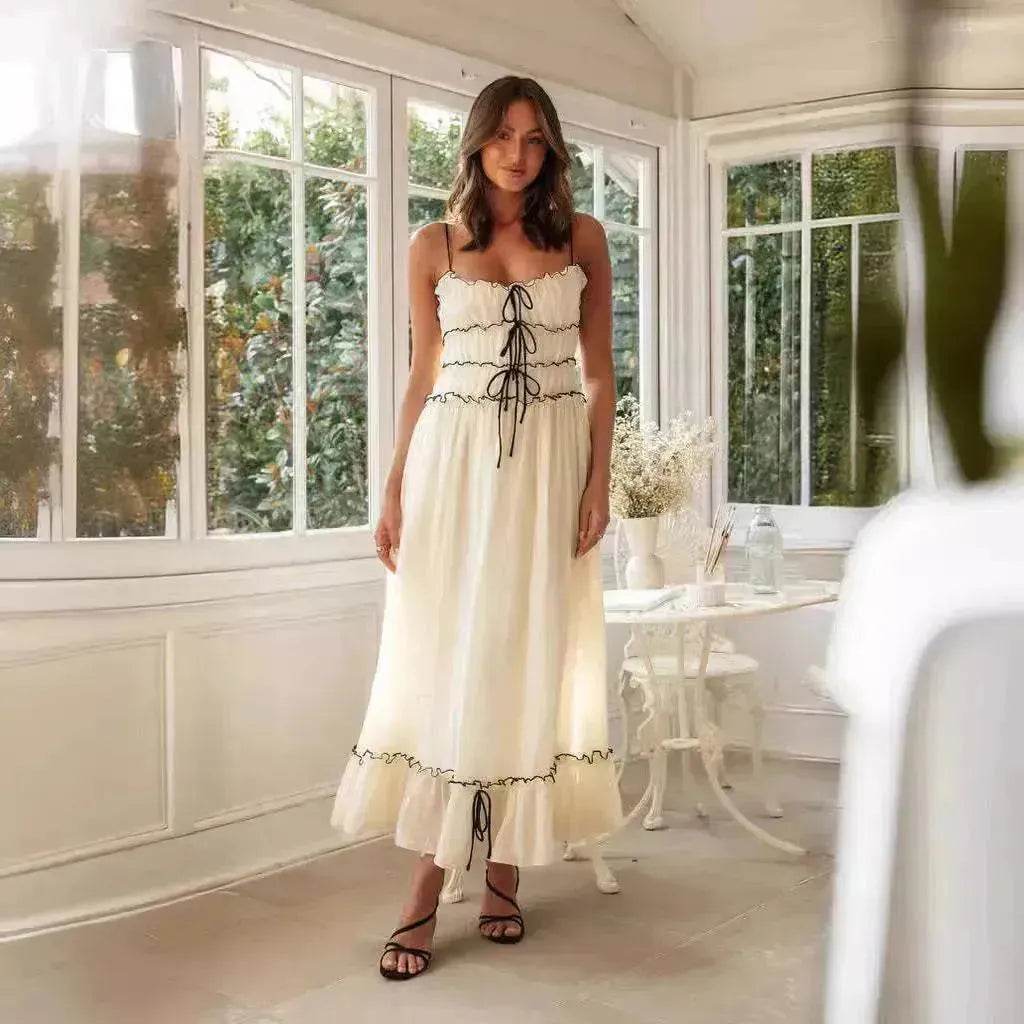 2025 Summer Suspender Spaghetti Strap Long Dresses With Bow Pleat Design Fashion Sweet Bow Beach Dress For Womens Clothing
