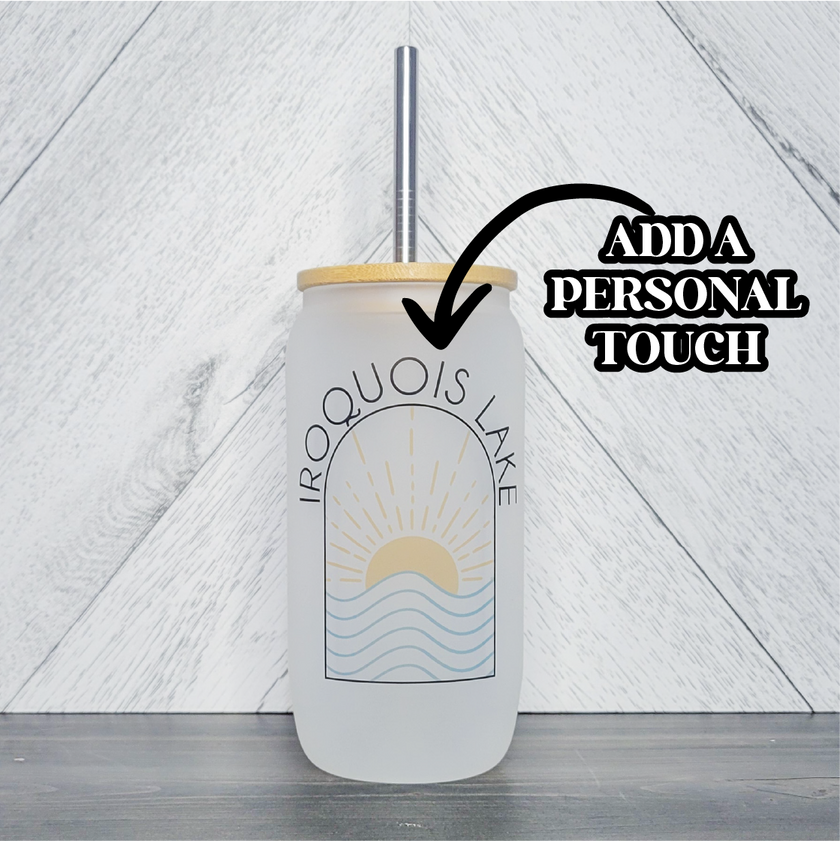 Custom Lake Sunset Frosted Glass Can with Bamboo Lid