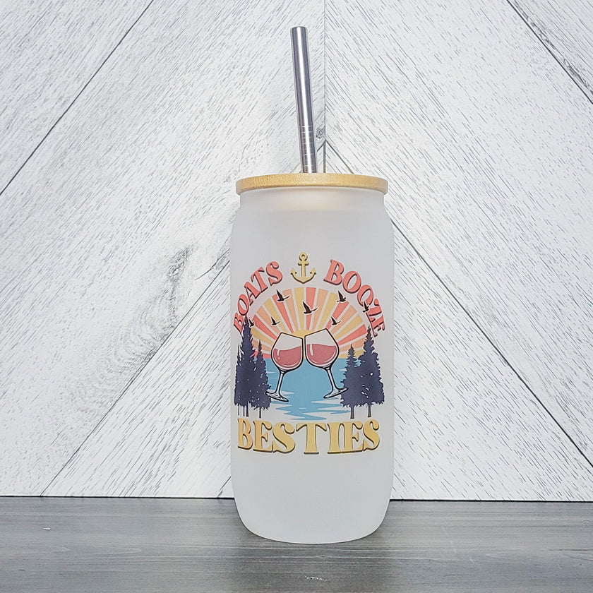 Boats, Booze, Besties Glass Can with Bamboo Lid