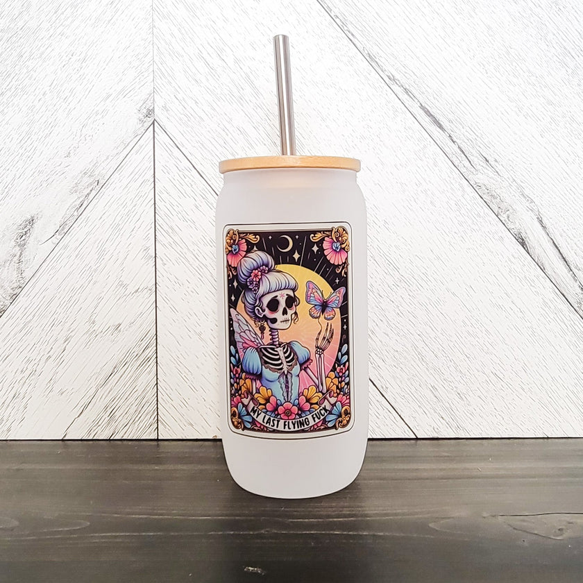 My Last Flying Fuck Frosted Can with Bamboo Lid | Tarot Card Glass Can
