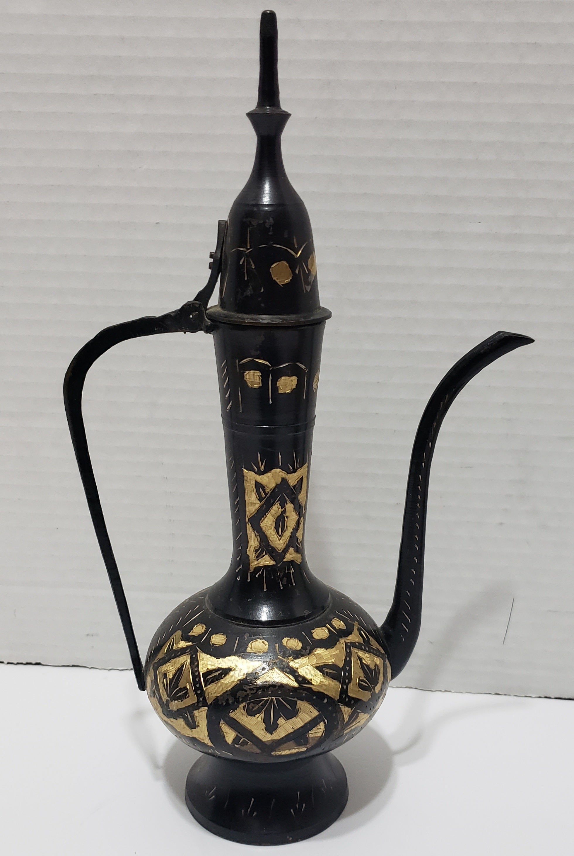 Vintage Brass Tea Ewer Tall, Black/Brass, Hand Etched - 11