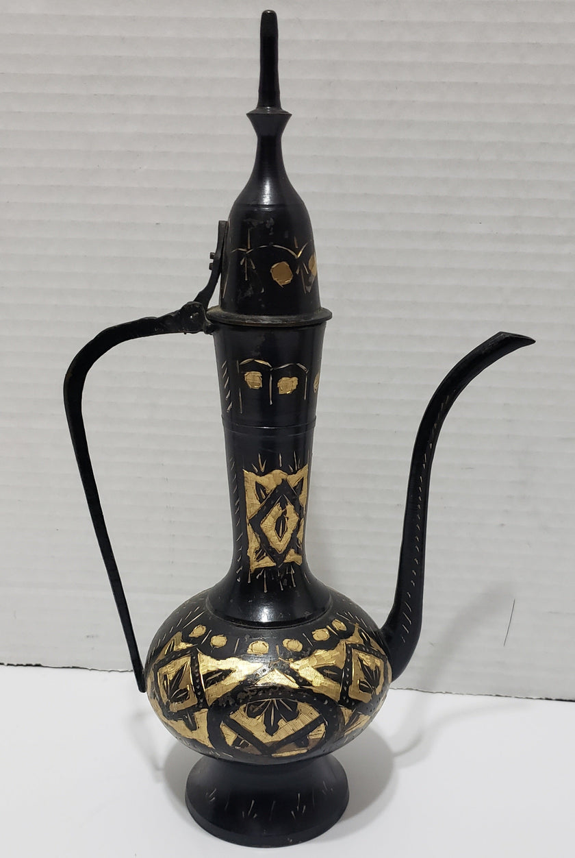 Vintage Brass Tea Ewer Tall, Black/Brass, Hand Etched - 11