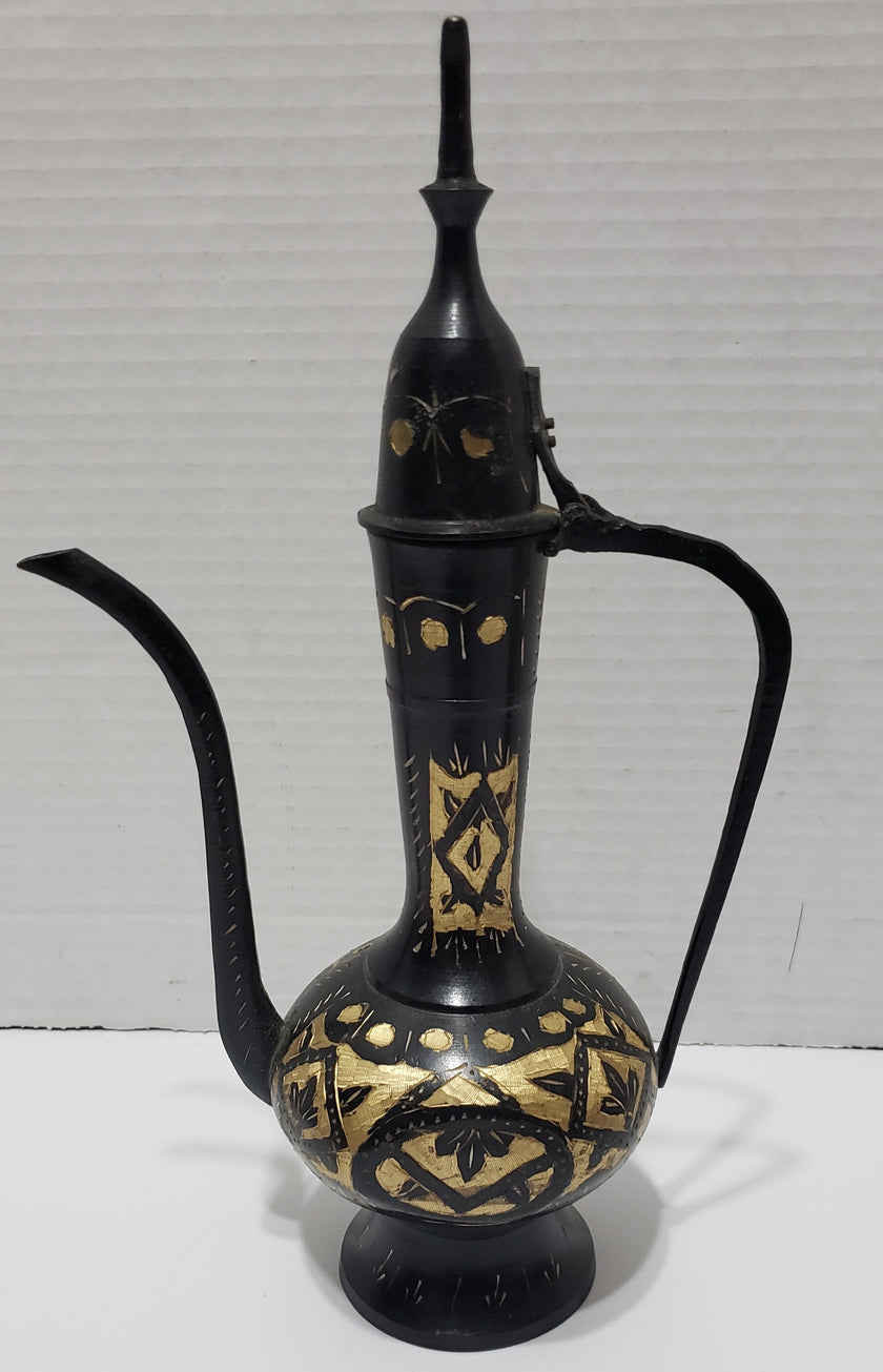 Vintage Brass Tea Ewer Tall, Black/Brass, Hand Etched - 11