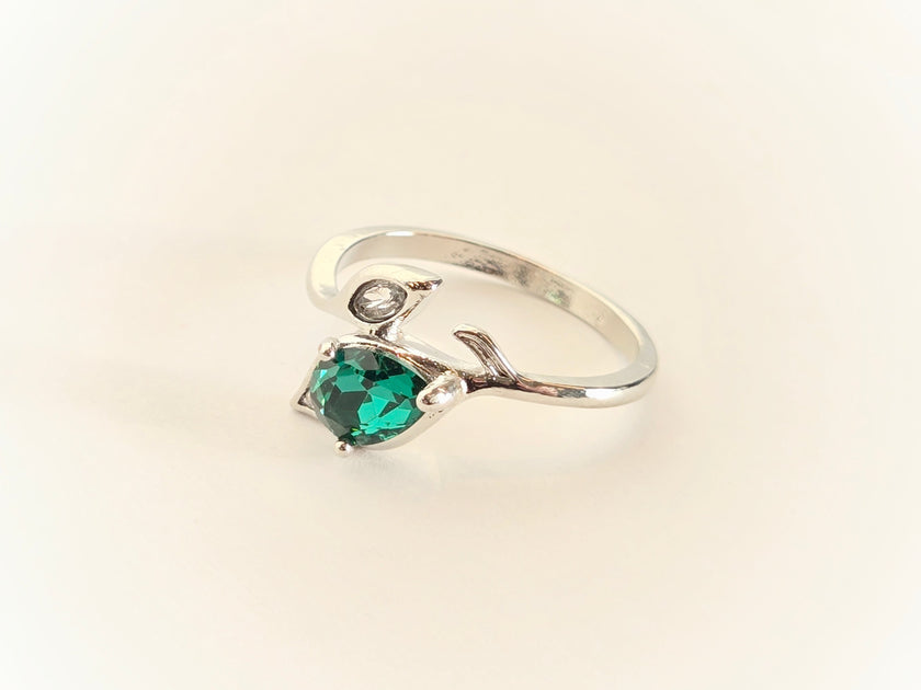 Emerald & Silver Leaf Ring | Size 9