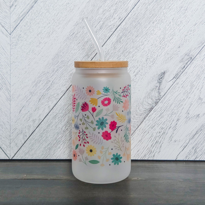 Spring Vibes Flower Frosted Can with Bamboo Lid