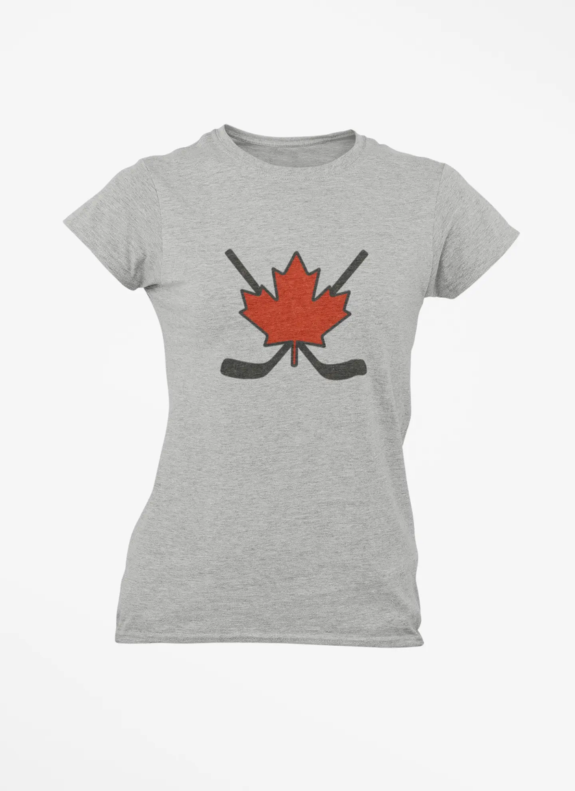 Maple Leaf Hockey Sticks Women's T-Shirt – Canadian Hockey Pride Tee