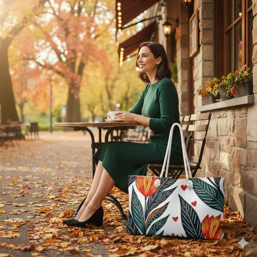Red Tulip Floral Weekender Bag | Botanical Leaves & Heart Accents | Large Tote Bag for Moms & Travel