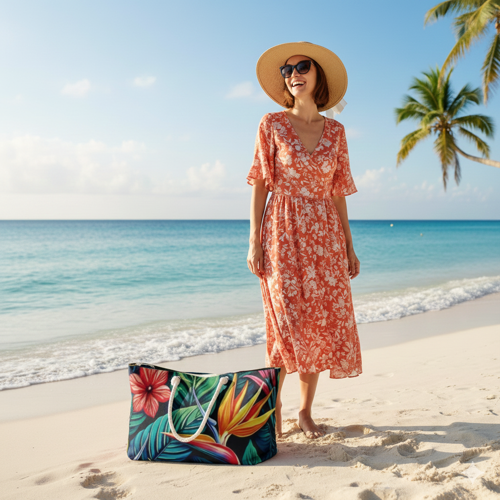 Tropical Hibiscus Floral Weekender Bag | Bird of Paradise Leaves, Large Tote Bag