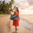 Orange Floral Pattern Weekender Bag | Tropical Blue Leaves | Large Tote Bag