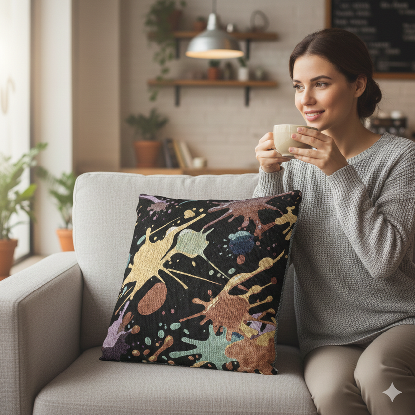 Abstract Paint Splatter Woven Pillow | Colorful Splash Pattern Cushion