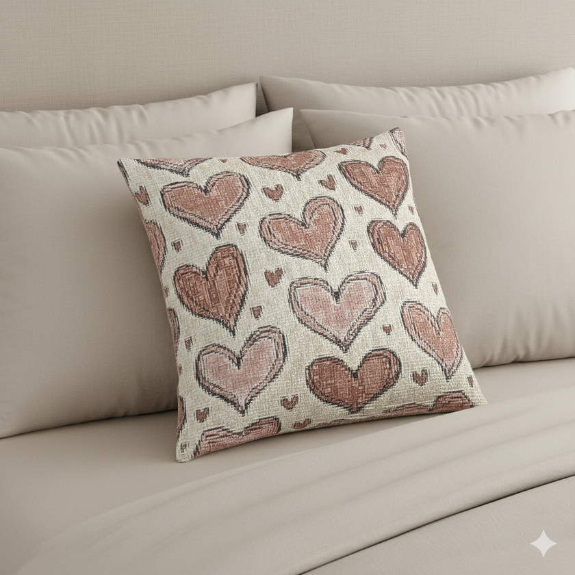 Pink Heart Pattern Woven Pillow | Boho Valentine Decorative Throw