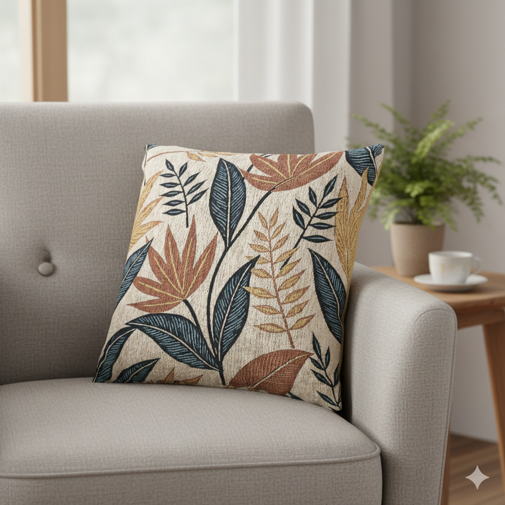 Tropical Leaf Pattern Woven Pillow | Botanical Throw Pillow, Neutral Blue Rust Design