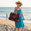 Red Lip Print Weekender Bag | Bold Kiss Pattern, Black Background