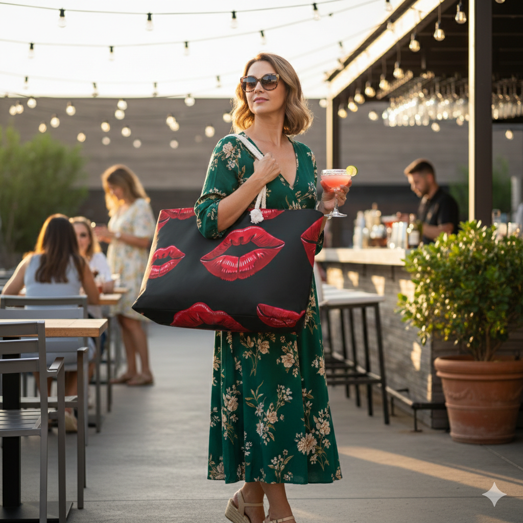 Red Lip Print Weekender Bag | Bold Kiss Pattern, Black Background