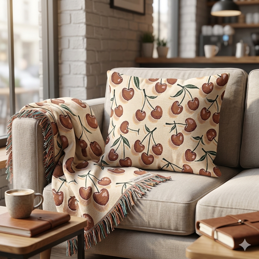 Cherry Pattern Woven Blanket — Retro Fruit Throw for Living Room & Bedroom