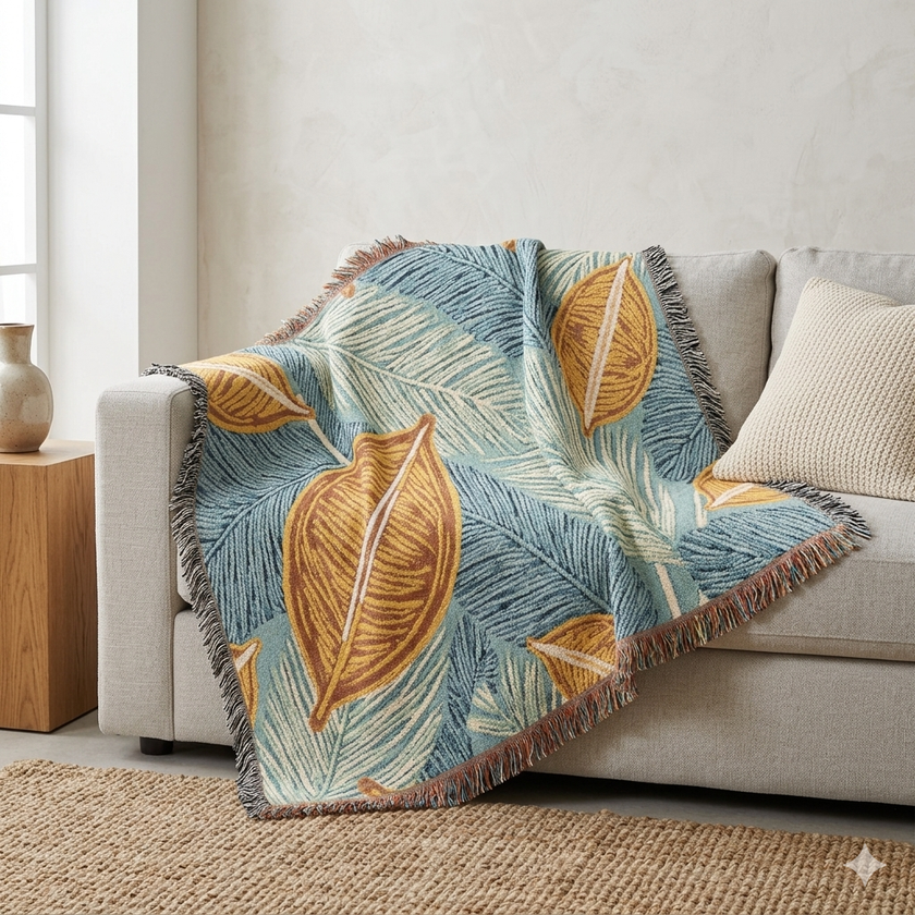 Tropical Leaf Woven Blanket — Cozy Decorative Throw for Living Room & Patio