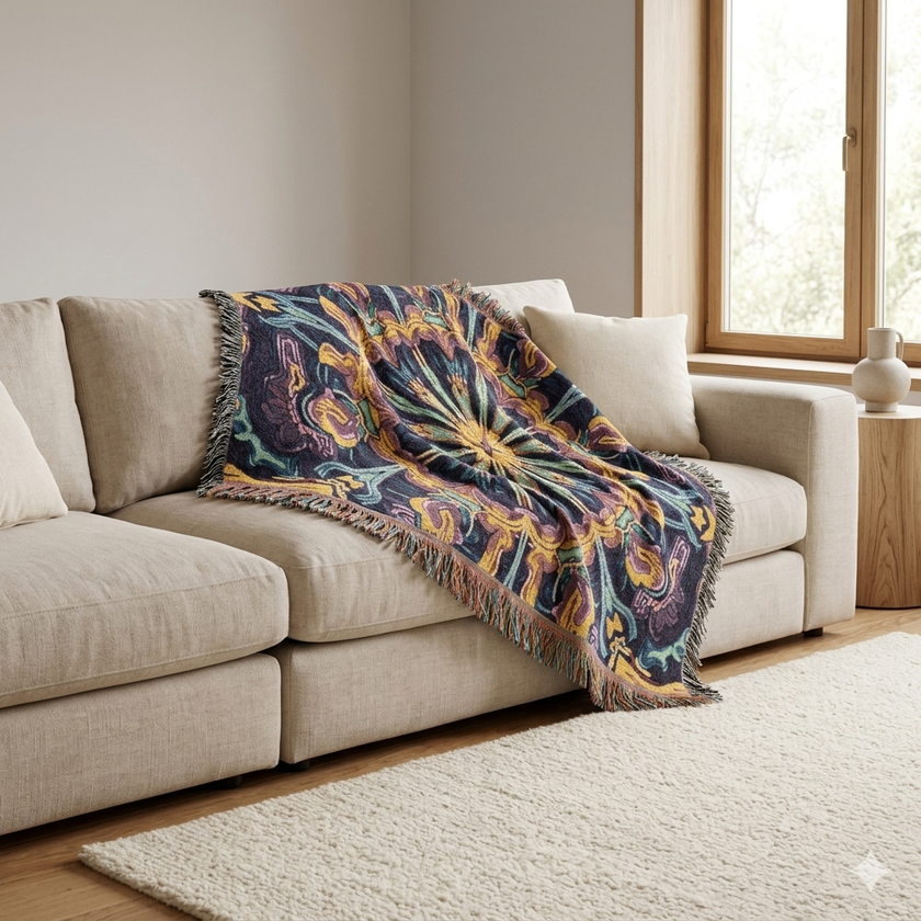 Bohemian Mosaic Woven Blanket — Vintage Tile Medallion Blanket Throw