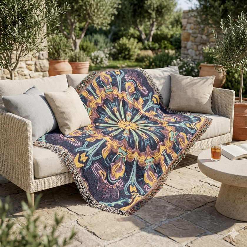 Bohemian Mosaic Woven Blanket — Vintage Tile Medallion Blanket Throw